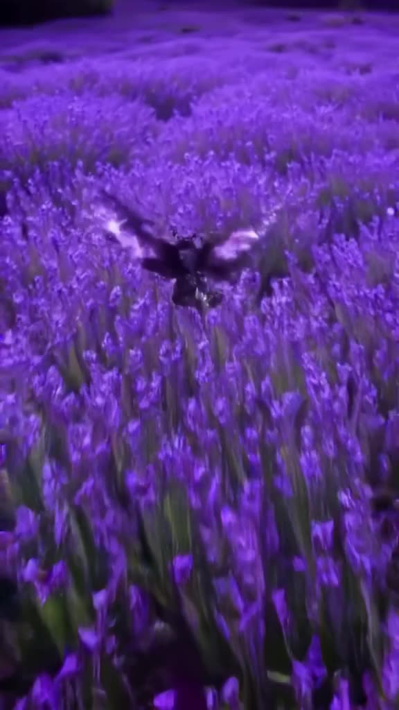 A bat flies through a field of tall, glowing purple lavender. It dives, and its wings sca…