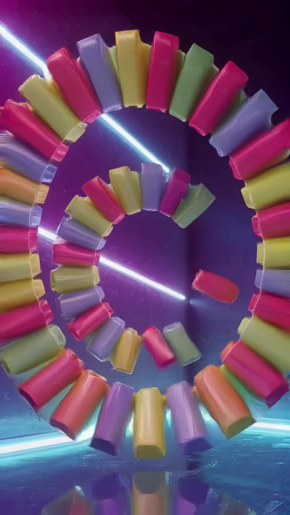 Dozens of colorful dominoes lined in a perfect spiral begin to fall in a cascading chain …