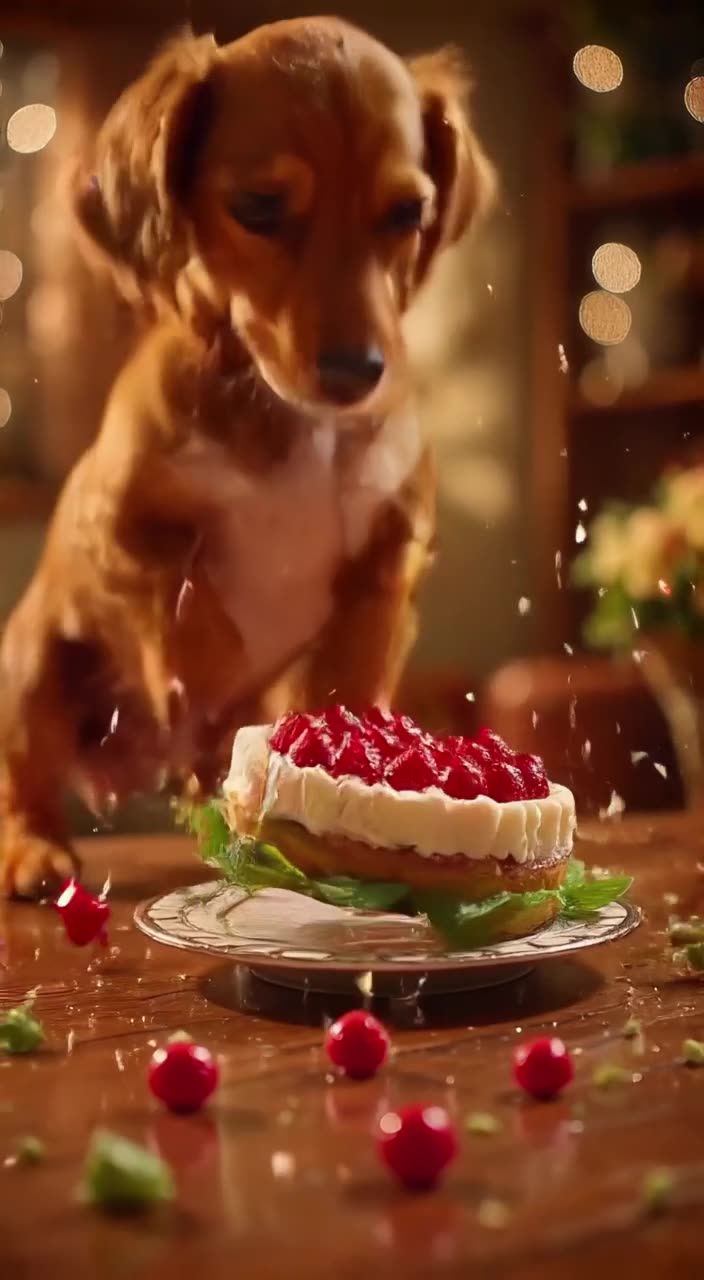 A miniature dachshund stands on hind legs to reach a strawberry shortcake. It sneezes, kn…