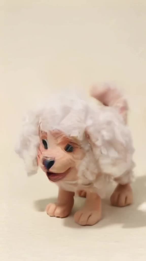 A ball of wool jumps and morphs into a fluffy puppy that barks happily. Bright, clean lig…