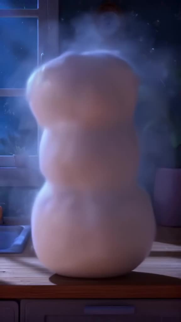 A giant marshmallow stands in a dark kitchen, suddenly inflating like a balloon with a lo…
