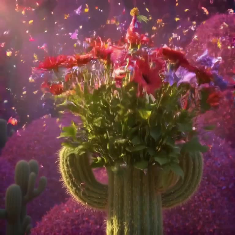 A cactus wearing a party hat explodes into a bouquet of colorful flowers when a butterfly…