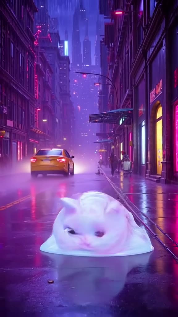 A cute, translucent jelly cat sits on a neon-lit city sidewalk at night. Its body wobbles…