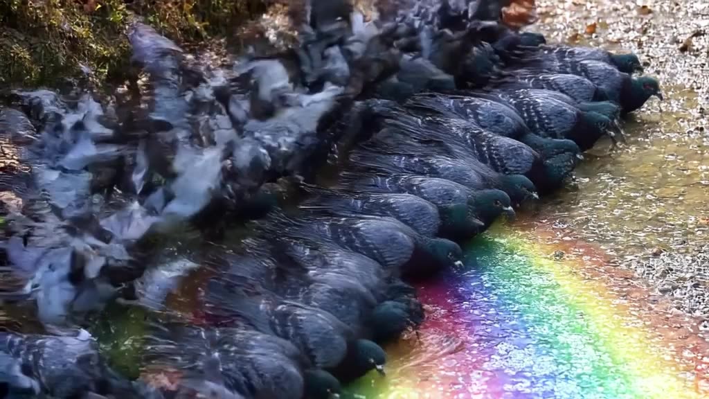 A flock of pigeons in a synchronized line wiping their wings over a puddle of rainbow soa…