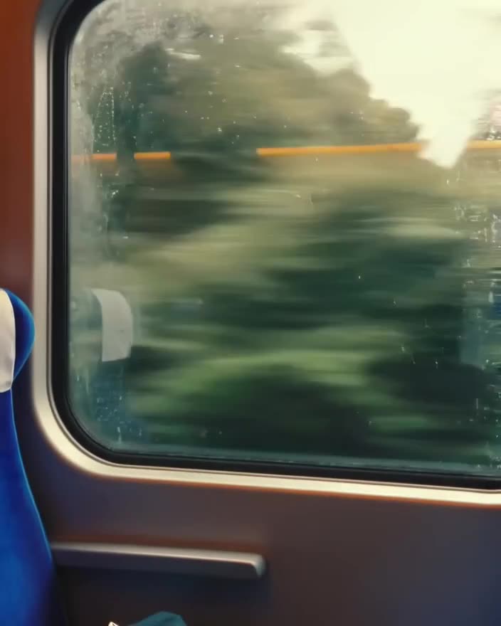 Rain lashing against a train window, sunglasses sit on the seat opposite, blurred motion …