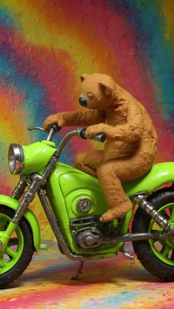 A claymation sloth hangs onto the handlebars of a neon-green motorbike, moving incredibly…