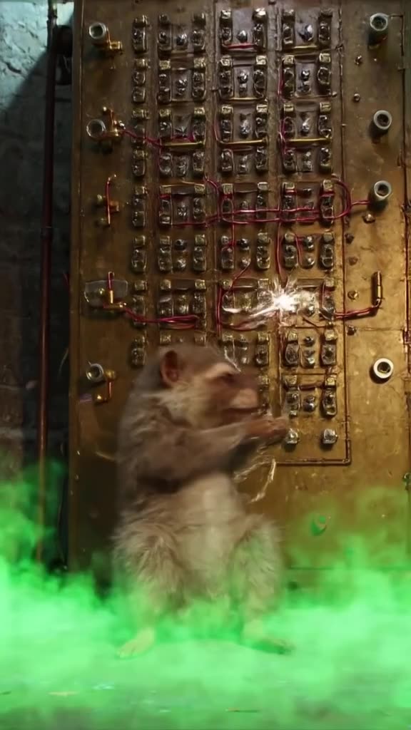 Opossum wearing a tiny headset sits in front of a massive brass telephone switchboard in …