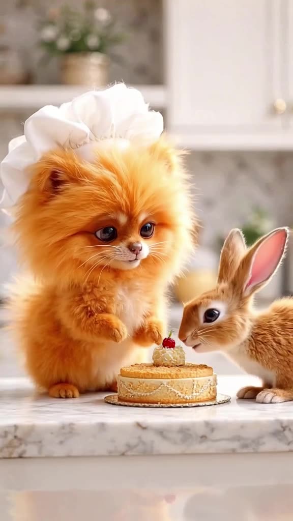 A fluffy Pomeranian stands on hind legs, wearing a chef’s hat, and decorates a miniature …