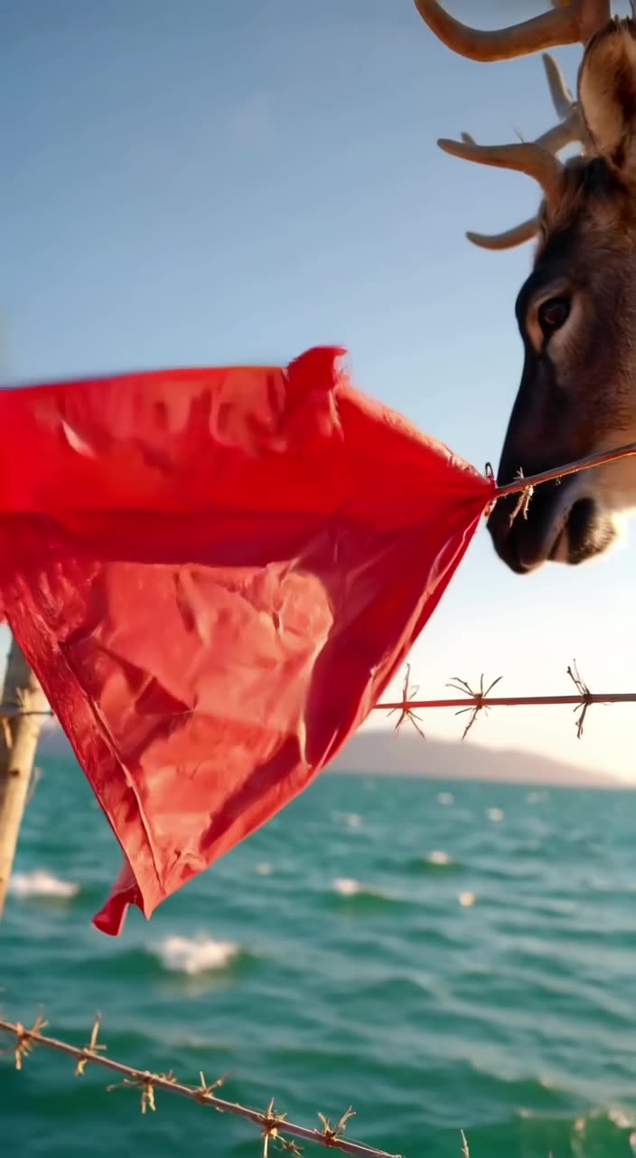 A lone red raincoat hangs on a fence overlooking turquoise water. A reindeer gently nudge…