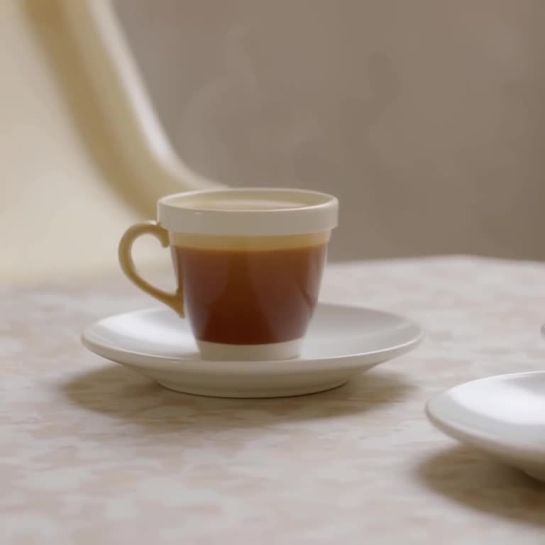 A coffee cup glides across a table performing moonwalk moves. Steam rises in slow motion …