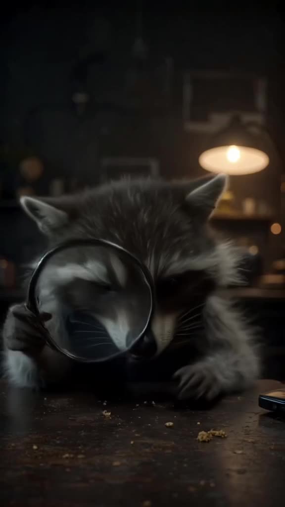 A raccoon detective examines a crumb under a magnifying glass. It sneezes, blowing the cr…