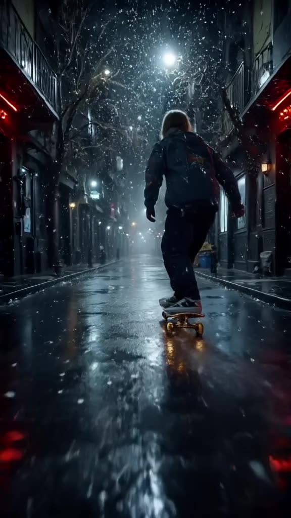 Snow falls heavily in a dark alley, but each snowflake is actually a tiny glowing LED lig…