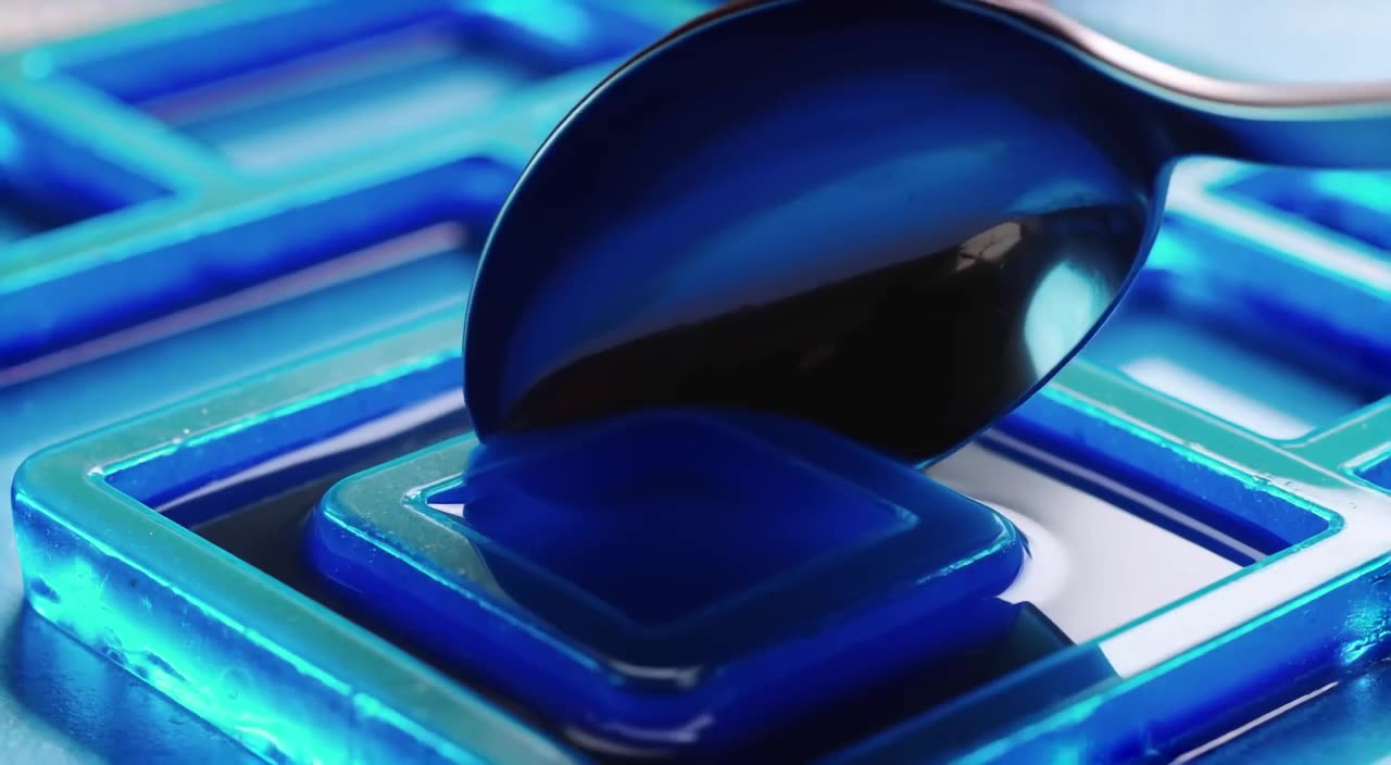 A spoon digs into a translucent, neon-blue gelatin dessert shaped like a tiny apartment f…