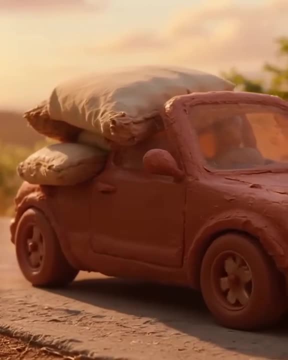 A car made of stacked cushions drives slowly down a quiet road, bouncing gently with each…