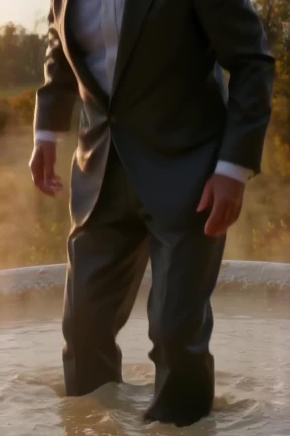 Hyper-realistic elderly man in a crisp suit skydives into a giant steaming bowl of oatmea…