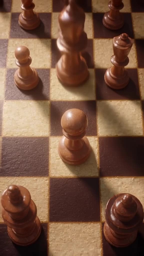 Top-down pixel view of a chess board. A knight piece charges forward aggressively. It sto…