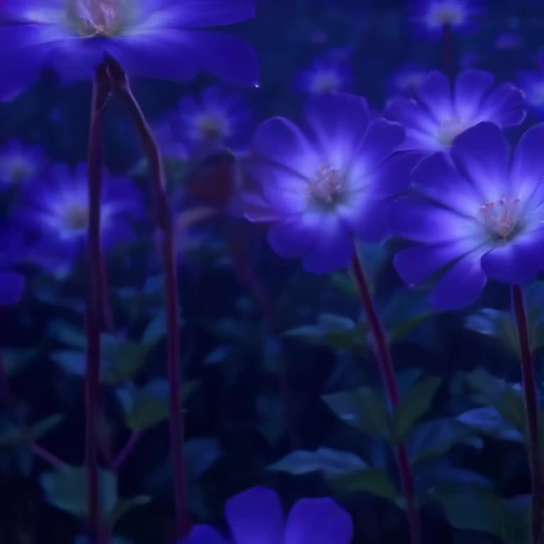 A moth flutters through a garden of glowing, bioluminescent flowers at night. The scene i…