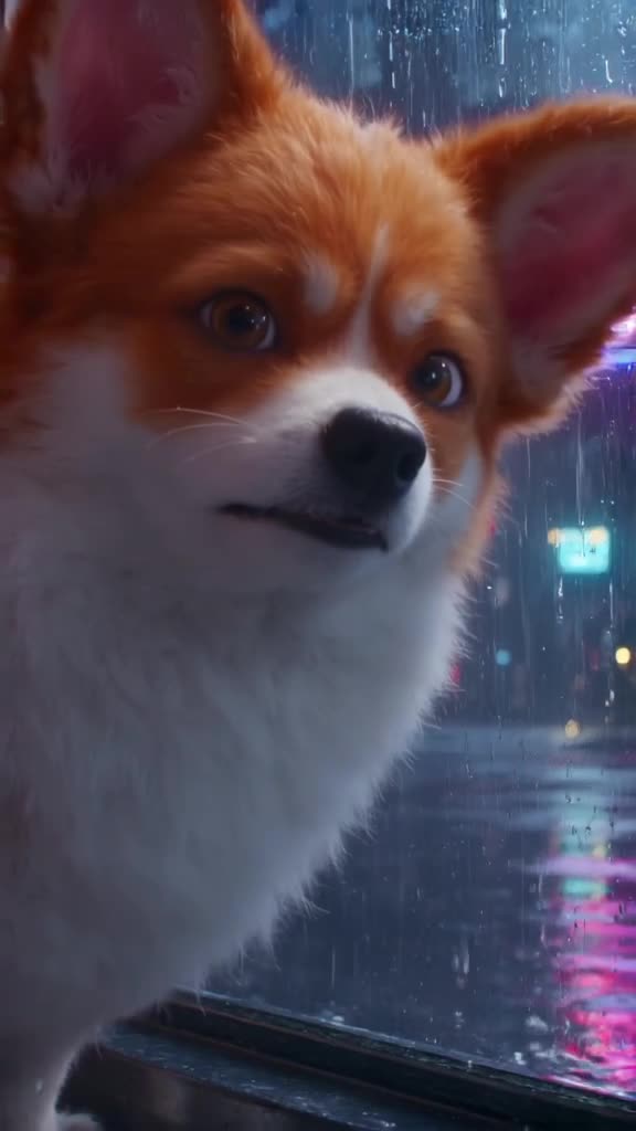 Close-up of a fluffy corgi’s face pressed against a wet windowpane. Rain streaks down the…