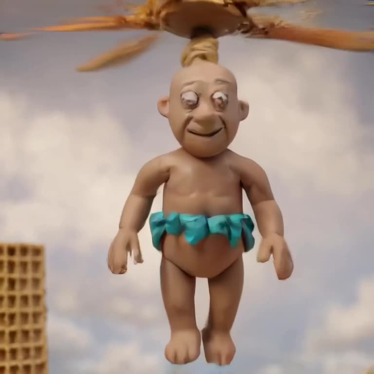 Claymation grandfather bungee jumps from a ceiling fan, his cord attached to a giant waff…