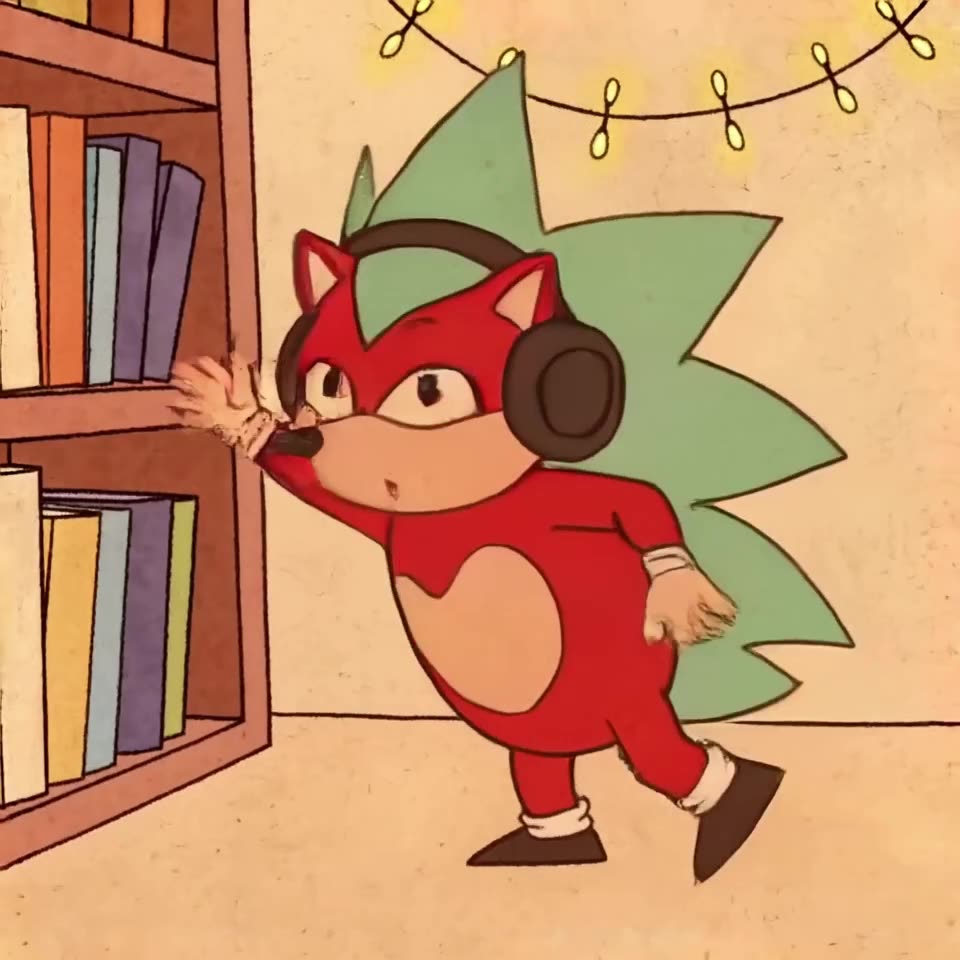 A hedgehog wearing headphones nods to music, bumping into a bookshelf. Books fall down, b…