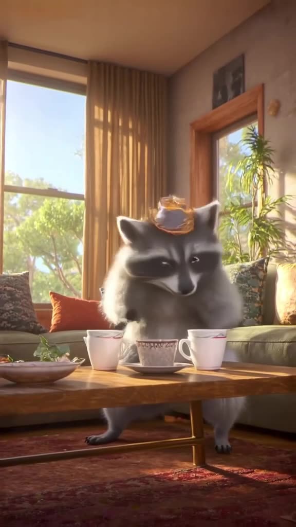 A raccoon in a tiny hat slams its paws on a coffee table to the beat, knocking cups gentl…