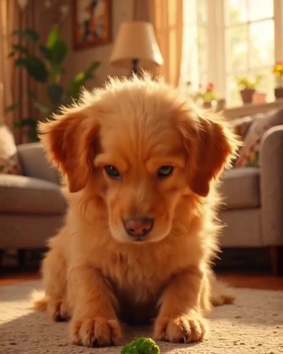 Cute golden retriever puppy stares intently at a single piece of broccoli on the floor. G…