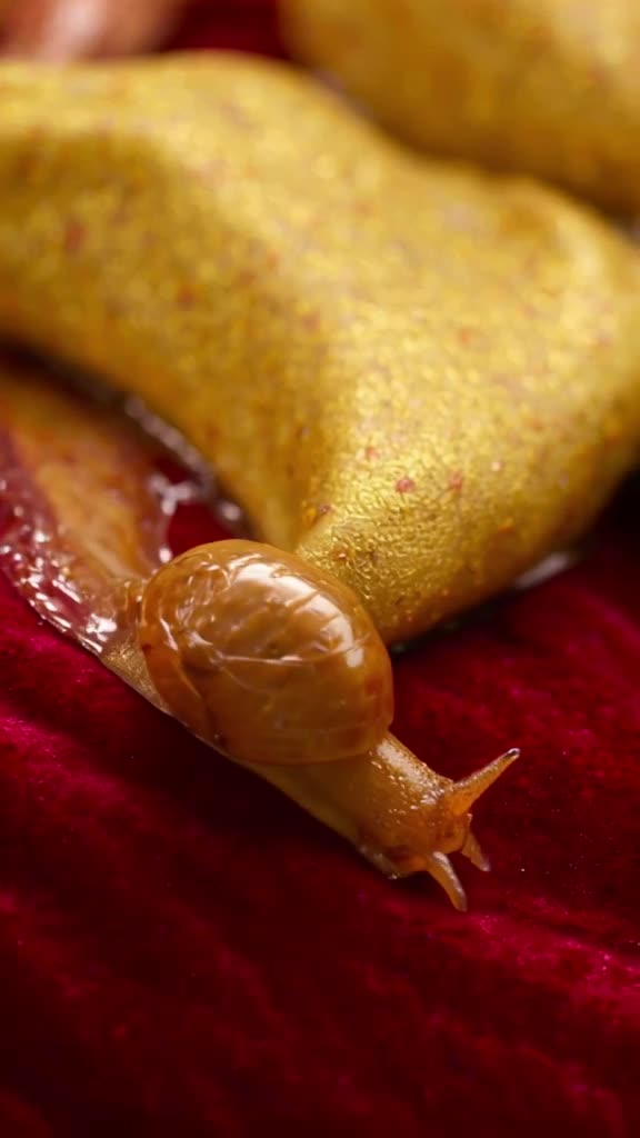 A snail glides over a velvet fabric, leaving a shimmering slime trail that looks like liq…