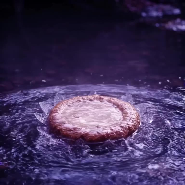 A crystal-clear water lily floats in a dark rainforest pond. Inside, a whole chocolate ca…