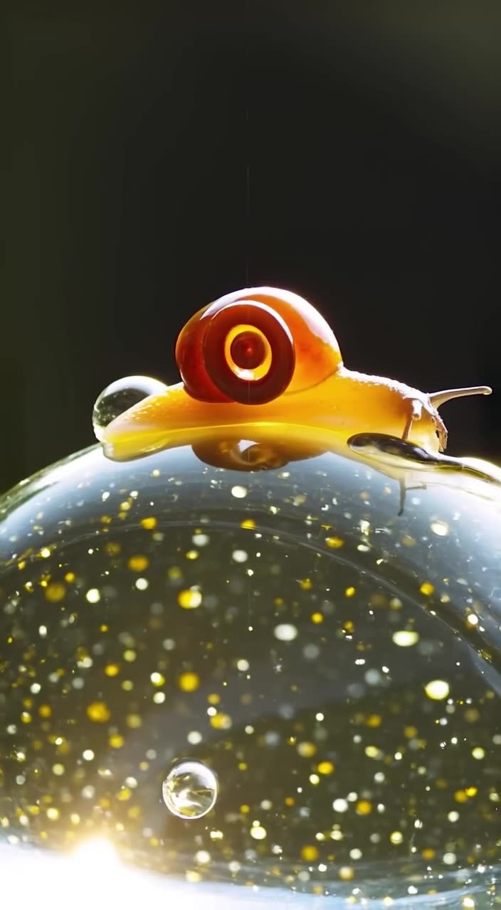 Macro shot of a tiny snail crawling on a giant glass pearl. The snail leaves a trail of m…