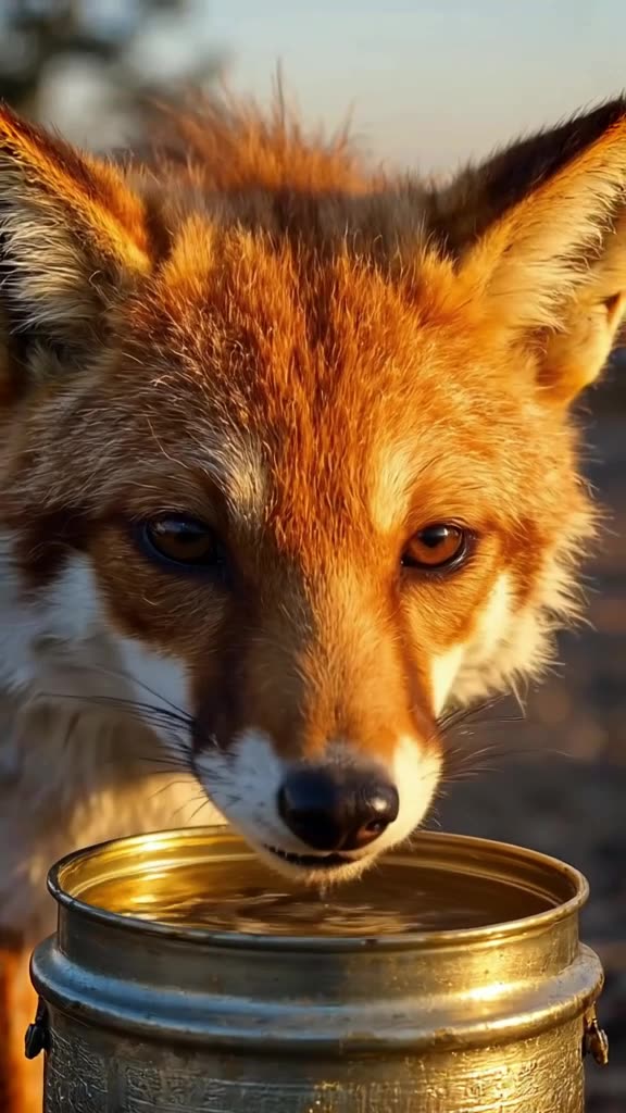 A fox wearing a bandana drinks water from a motorcycle oil can. It looks sophisticated an…