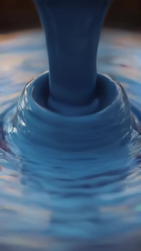 Extreme close-up of wet clay spinning on a wheel. A blue glaze pour hits the surface, cre…