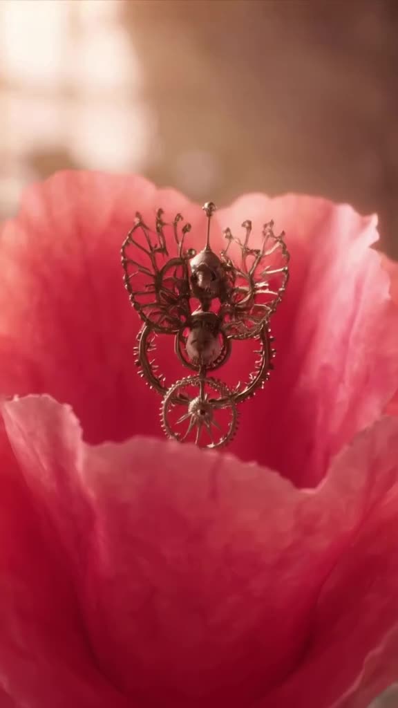 A tiny, intricate clockwork bird perches on a giant, floating rose petal. The bird’s wing…