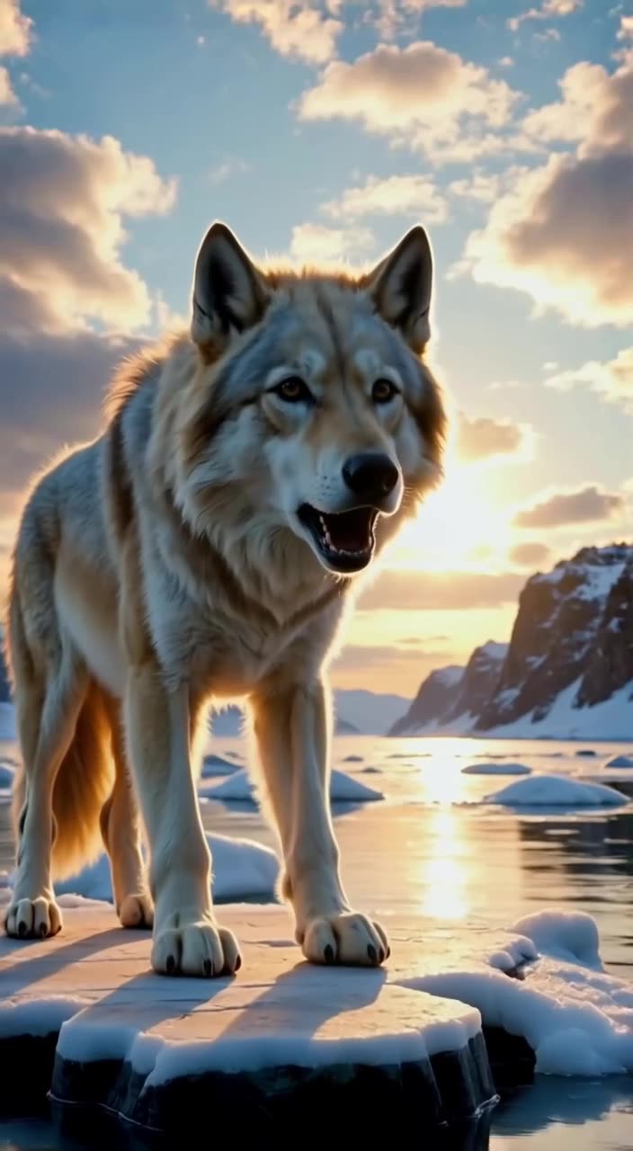 A wolf made of glass stands on a fjord rock, howling. Its howl causes cracks to spread ac…