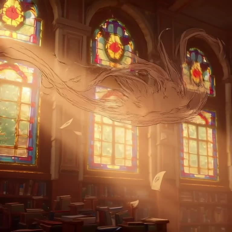 A jellyfish drifts through the halls of a school library, its tendrils gently brushing ag…