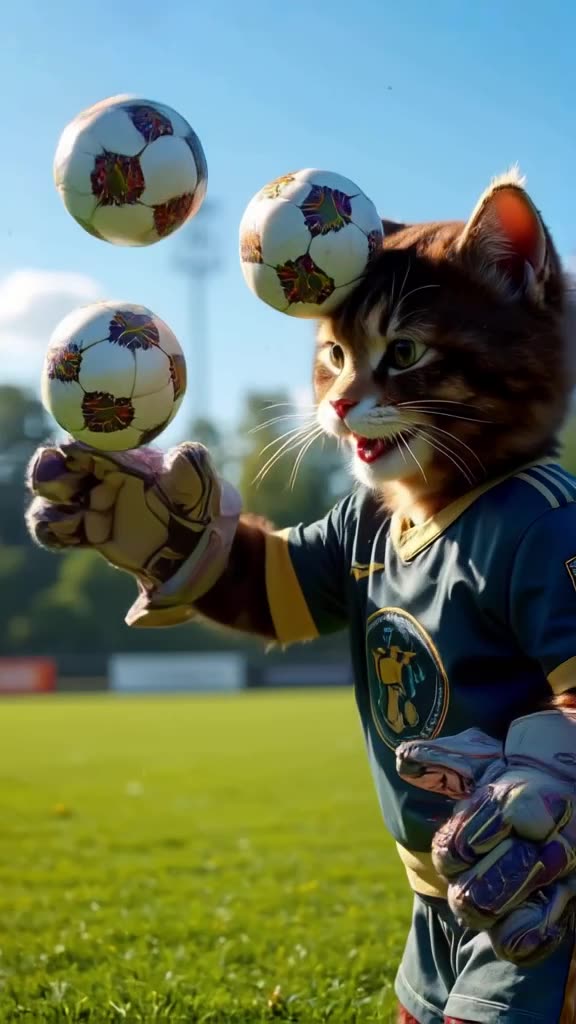 A cat in a goalie uniform blocks three soccer balls fired simultaneously. Green field, br…
