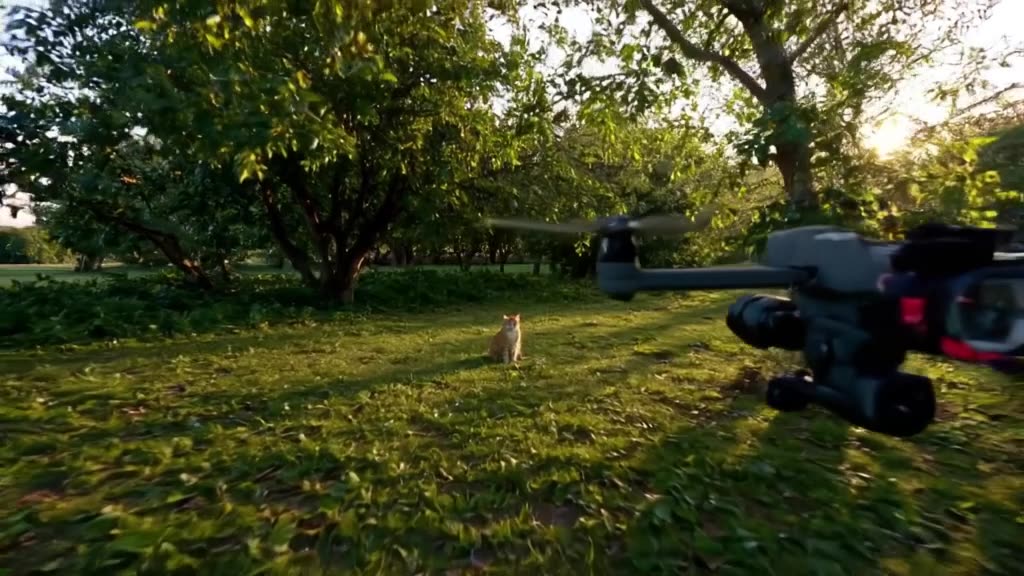 A cat sits on a grassy lawn. A drone approaches with a camera lens visible. The cat watch…