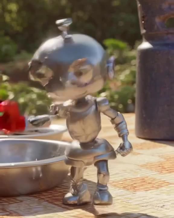 A tiny robot made of kitchen utensils marching across a checkered picnic blanket. It pick…