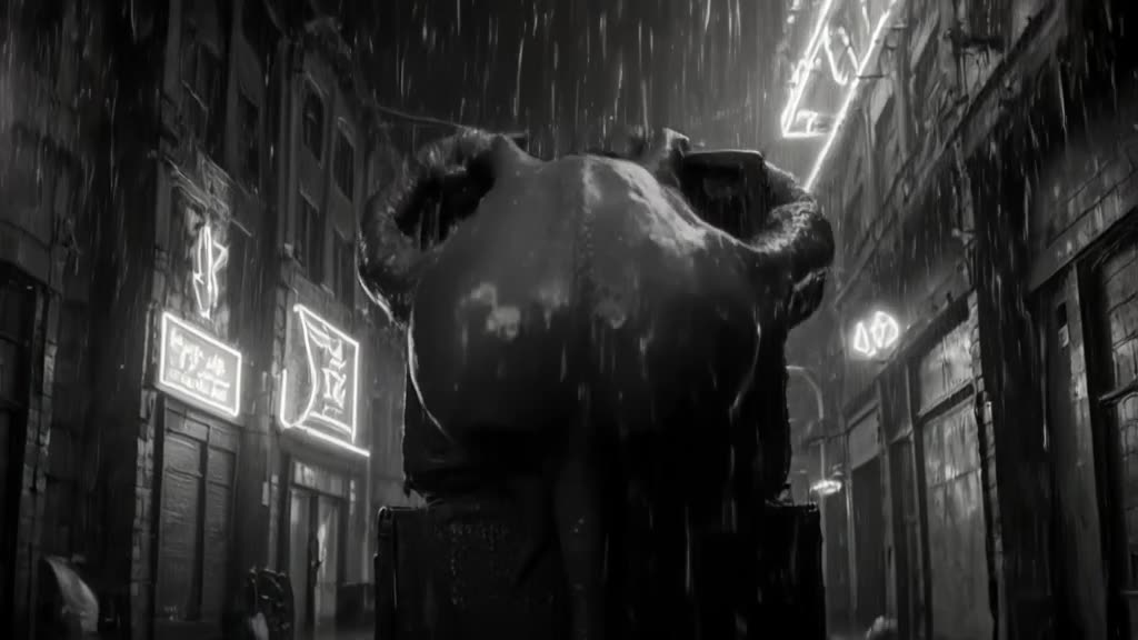An octopus wraps its arms around a giant bass subwoofer in a rain-slicked alleyway. Neon …