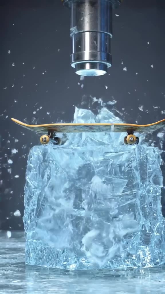 A skateboard deck is placed on a giant block of clear ice. A hydraulic press descends slo…