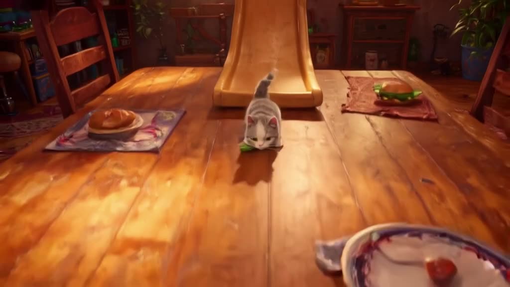 Cat slides across a wooden table, stopping just short of a cucumber. A burger sits nearby…