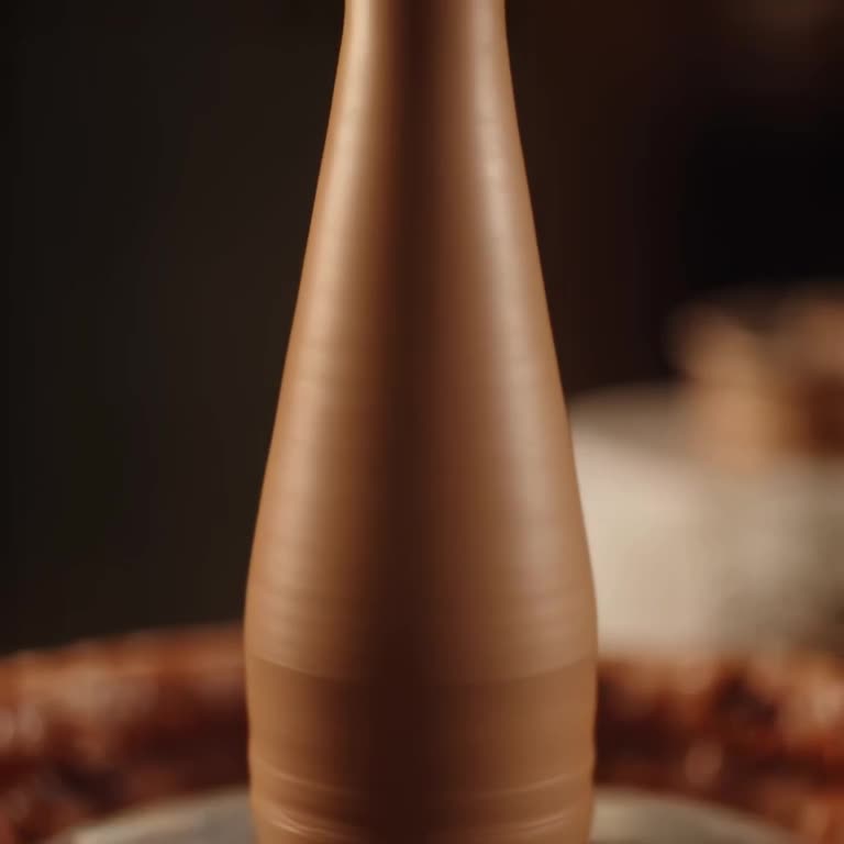 Close-up of a tiny potter's wheel spinning a perfect, tall vase. The clay rises smoothly …