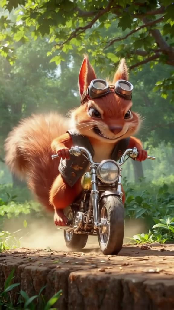 A squirrel in a leather biker vest revs a miniature motorcycle engine mounted on a stump.…