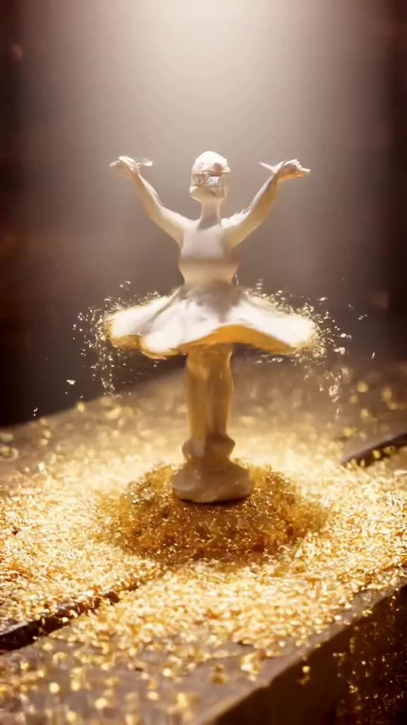 A tiny porcelain ballerina figurine stands on a grand piano key. It spins rapidly, spinni…