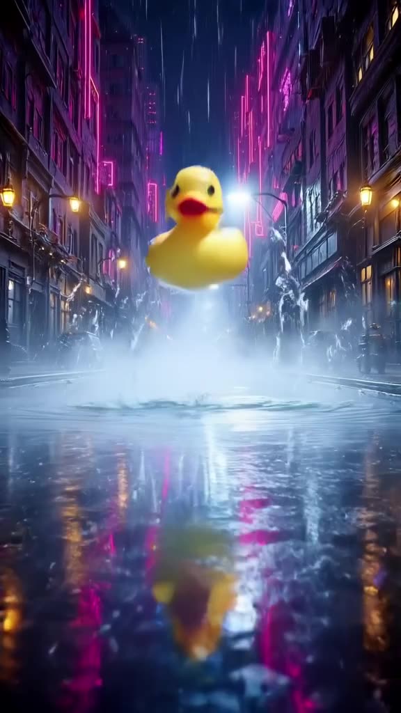 A massive, neon-lit puddle in a cyberpunk alley reflects falling rain. A single yellow ru…