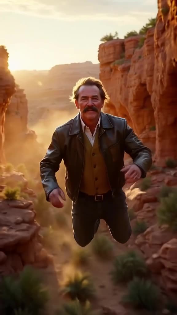 A 90-year-old man in a vintage leather aviator jacket free-falls through a golden-hour de…