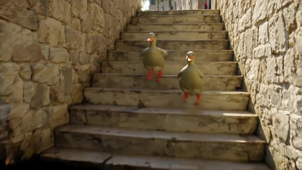 A stack of three rubber ducks waddles down a marble staircase into a canal. Each duck hit…
