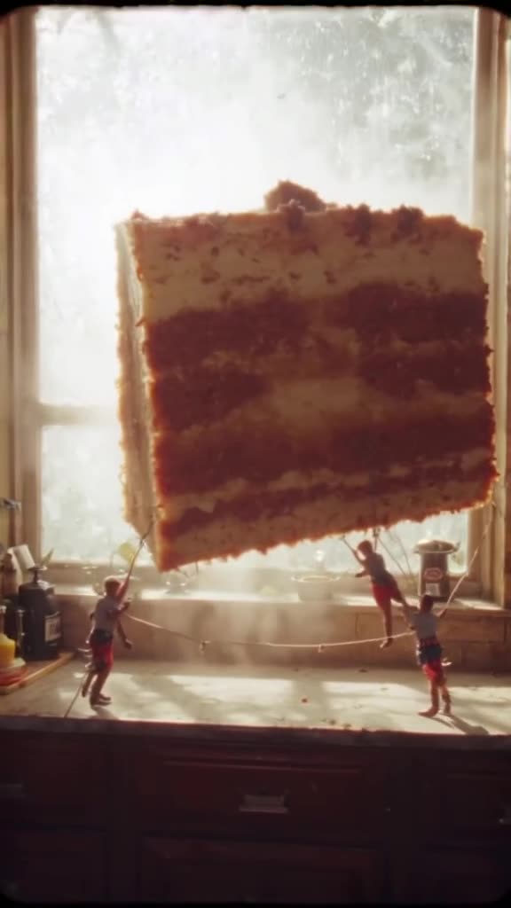 A giant slice of cheesecake slides off a counter. A tiny crew with ropes tries to catch i…