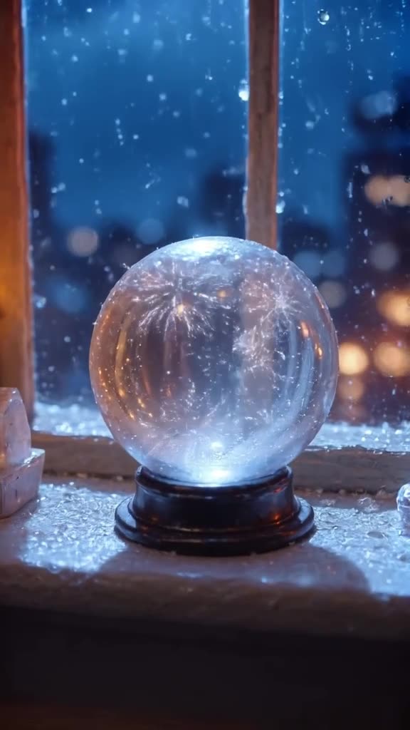 A snow globe sits on a rainy windowsill. Inside, tiny fireworks explode among snowflakes.…
