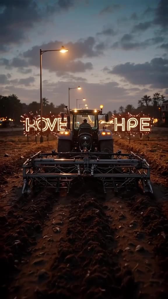 A tractor plows a field, but the furrows turn into rows of glowing neon signs advertising…