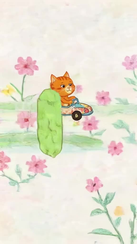 An orange cat drives a toy race car through a maze of flowers. A cucumber blocks the path…